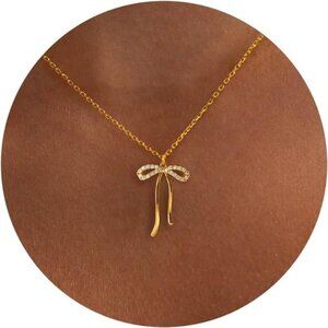 Women's 14k Gold Plated Bow Necklace Cute Gold Ribbon Bow
